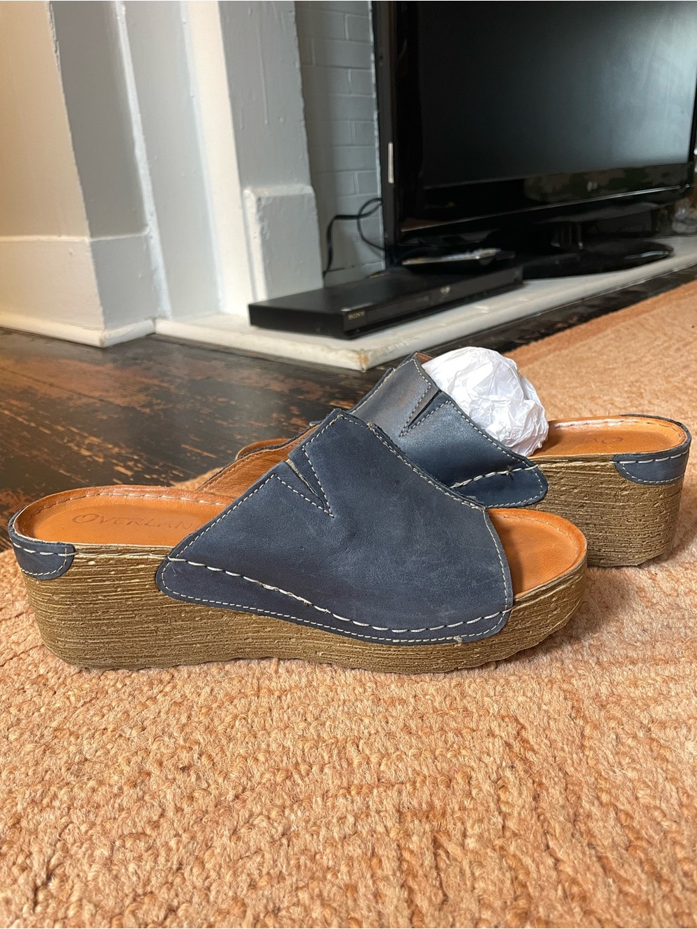 Overland Navy Leather Wedge Slide Sandals - Women's - Picture 3 of 4